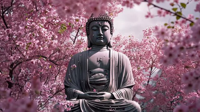 Buddha statue on surrounded by cherry blossom Buddhism zen meditation mindfulness