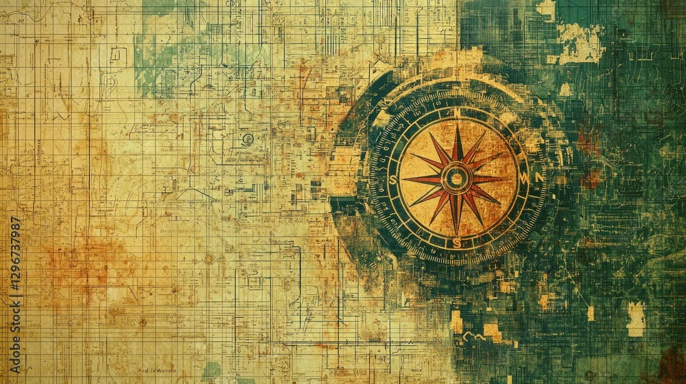 Poster a digital compass overlayed on a textured map background.