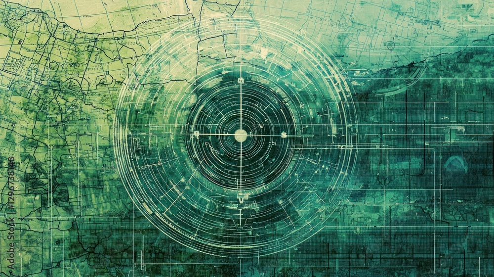 Poster a digital compass overlayed on a textured map background.