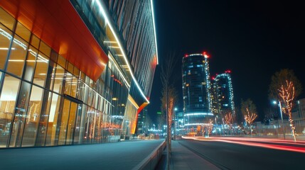 Fototapeta premium Light trails on the modern building background. Light trails at night in urban environment, Abstract Motion Blur City, traffic, transportation, street, road, speed