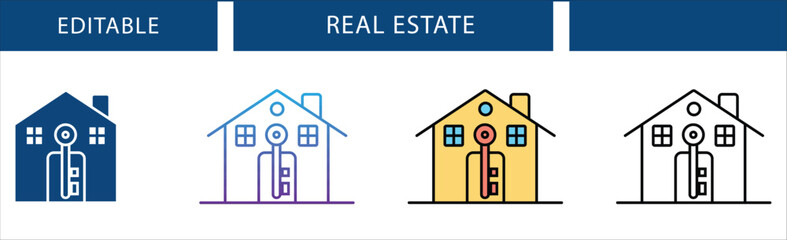 Real estate icon set featuring a house with a key in four unique styles solid, gradient, outline, and filled. Perfect for property sales, rentals, mortgage, investment, and housing projects.

