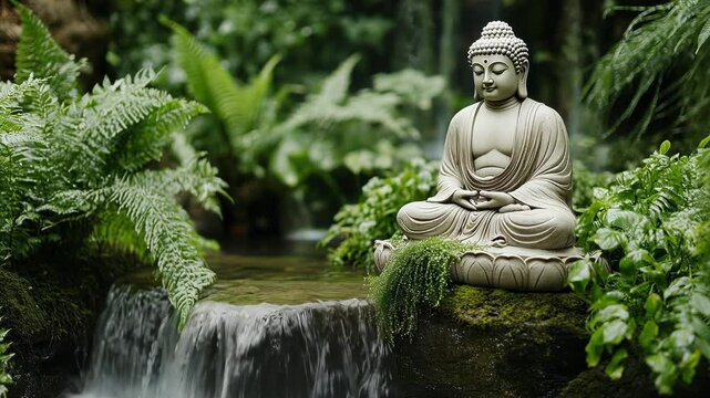 Buddha idol statue buddhism beside fountain and forest zen meditation