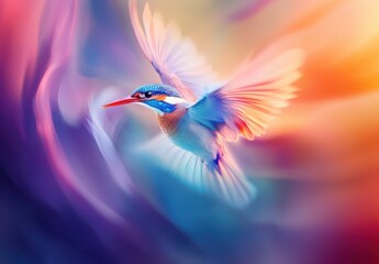 Captivating Colorful Bird in Flight with Vibrant Background Effects of Soft Blurs and Light, Perfect for Nature Enthusiasts and Artistic Displays