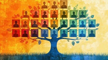 A digital family tree chart with a clean, modern design and vibrant colors.