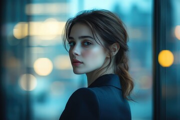 Obraz premium A young woman with dark hair looks over her shoulder, a city blurred in the background.