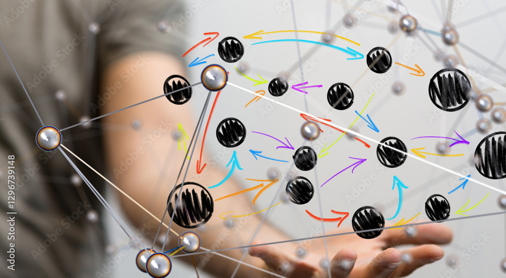 Poster Global network. Blockchain. 3D illustration. Neural networks and artificial intelligence. Abstract