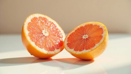Two halves of a juicy citrus fruit, vibrant and sunlit, rest on a bright surface, showcasing their refreshing segments.