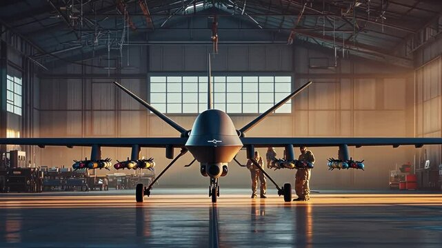 Reaper predator drone with missile in airfield hangar air force war