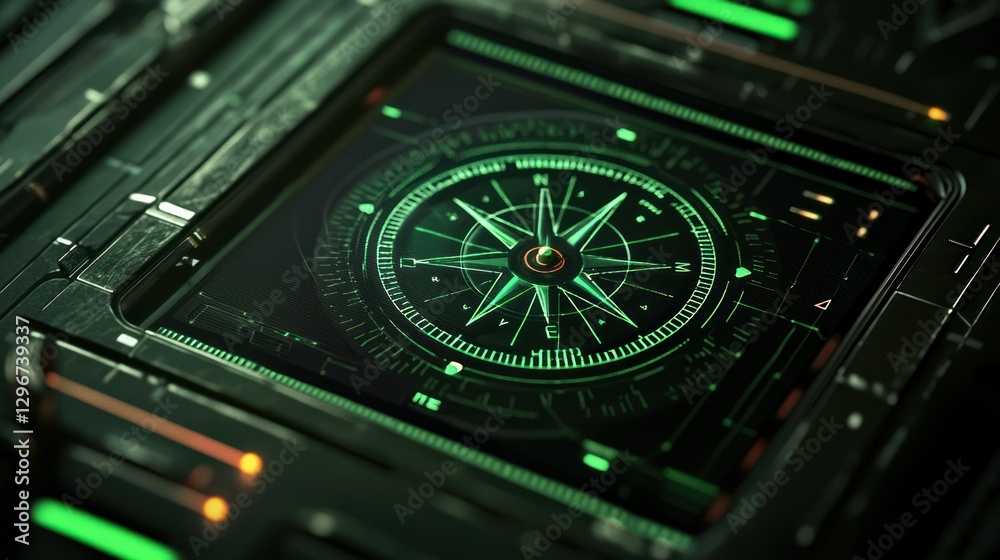 Poster A digital interface displaying a compass locked to the north direction.
