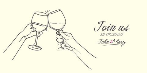 Obraz premium Line drawing of hands with wine glasses toasting. Template for invitation, event, greeting.