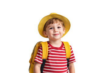 Little boy in red striped shirt summer outfits with bag isolated on transparent or white background, png
