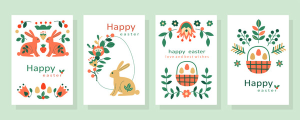 Easter scandi card set with bunny, flowers and eggs. Hand-drawn vector illustration in flat style.