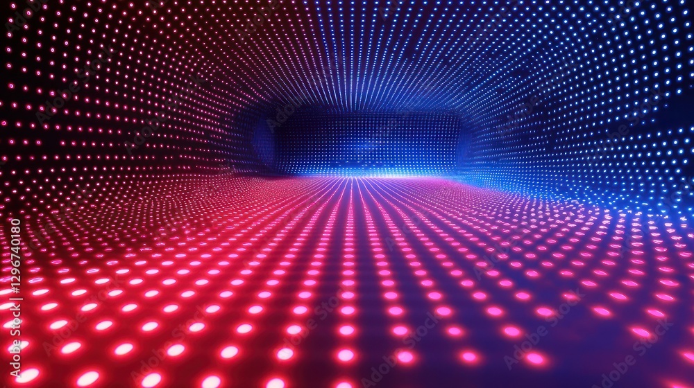 Poster a digital-themed red and blue background with glowing dots and a futuristic vibe.