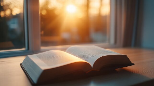A close-up of a book, natural lighting, sun flare from window
