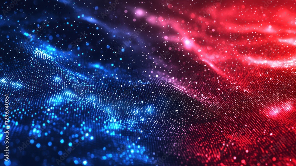 Poster a digital-themed red and blue background with glowing dots and a futuristic vibe.