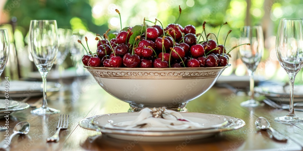 Poster A dining table setting with a large bowl of cherries as the centerpiece, surrounded by cutlery and glasses.