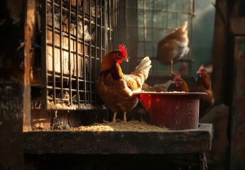 Captivating Scene of Chickens in Wooden Coop with Soft Light and Natural Background Highlighting Rural Farm Life and Animal Husbandry Practices