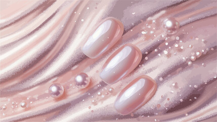 Close-up shot of three fingers with light pink pearlescent nail polish resting on a swirling, creamy background. The cream has a glossy, smooth texture with small water droplets and pearls