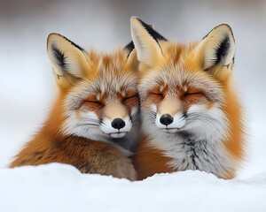 Fototapeta premium Two foxes cuddling in snow