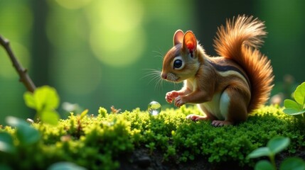 Fototapeta premium A curious, small rodent examines a glistening sphere amidst vibrant green moss in a sun-dappled woodland setting.