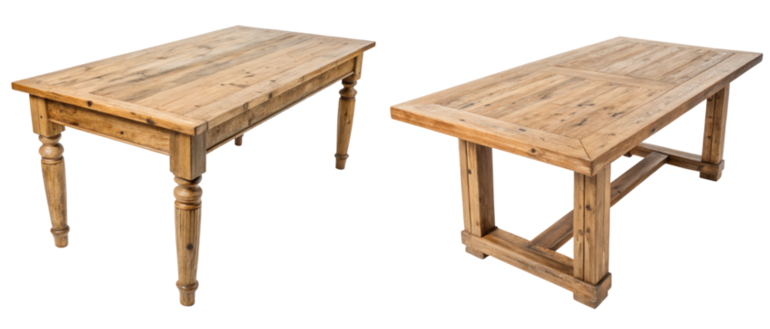 Two rustic wooden tables on a transparent background