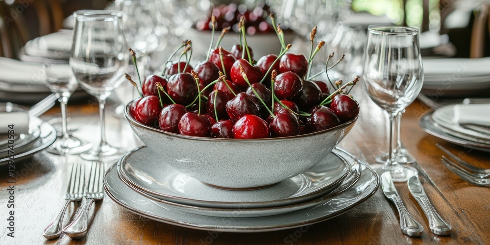 Poster A dining table setting with a large bowl of cherries as the centerpiece, surrounded by cutlery and glasses.