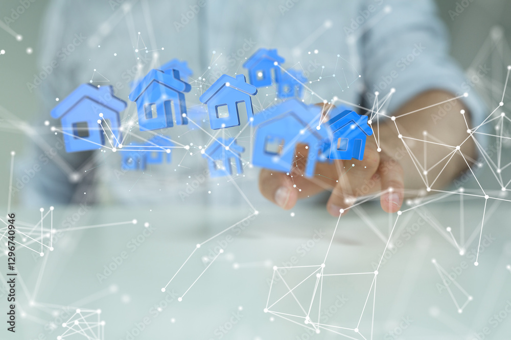 Poster home data. Digital cyberspace with particles and Digital data network connections concept.