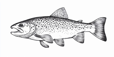 Hand drawn monochrome illustration of a trout fish. Generative AI