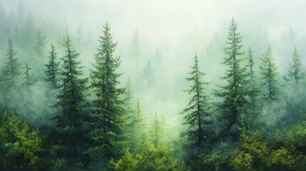 Evergreen trees amidst fog in forest. Serene scene with peaceful nature background, lush, and green