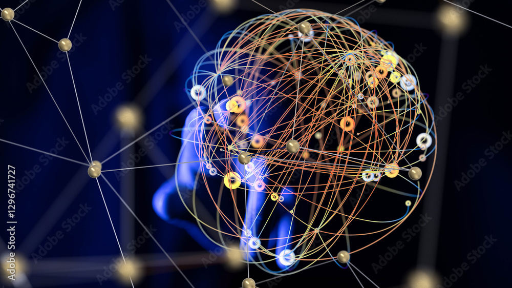 Poster Global network. Blockchain. 3D illustration. Neural networks and artificial intelligence. Abstract