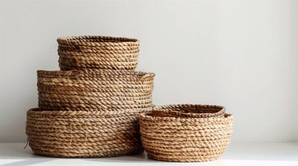 A set of decorative storage baskets made from natural fibers, nested together and placed on a white surface.