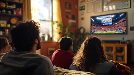 Group of friends watching a football game on TV at night.