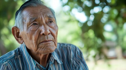 Elderly man in a striped shirt gazing thoughtfully outdoors under leafy trees, serene atmosphere