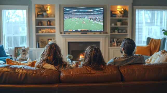 Family watching a football game on TV in a cozy living room.