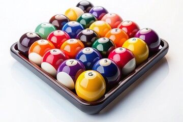 Naklejka premium Plastic Rack of Billiard Balls on White Background - Stock Photo