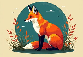 Obraz premium Stylish Fox Art Deco Design: An Illustration with Clear Lines, Doodle Elements, and Smooth, Non-Intersecting Lines, in a Striking Color Palette for Printable Posters.