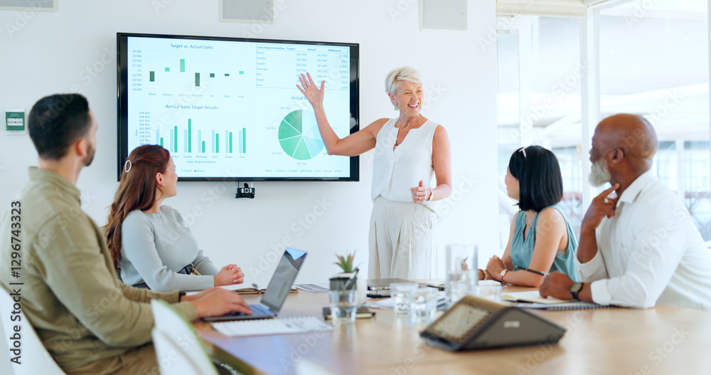 Poster presentation, business people and finance meeting with chart on screen with statistics for data anal