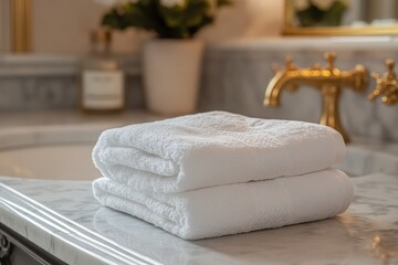 Classic european bathroom with crisp white towel folded elegantly on marble sink