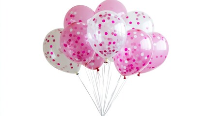 Pink and white confetti balloons floating against a bright, clean background