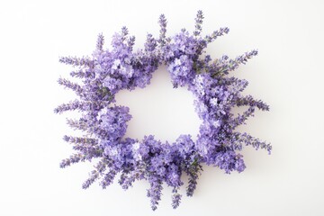 flat lay of lavender flowers arranged in the shape of an octagon on a white background, creating a soft and dreamy atmosphere for designs or text. Copy space in the center