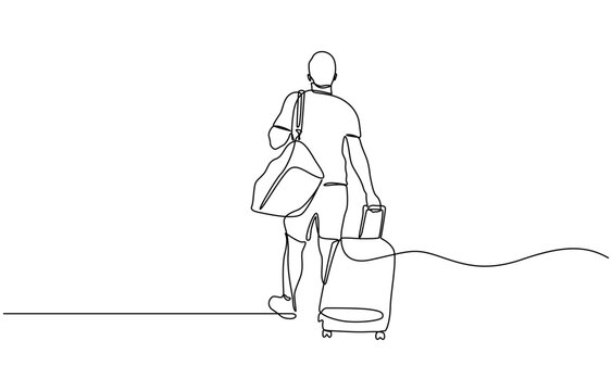 recommend clip art: Continuous line drawing of traveler man with luggage, Drawing of young traveler businessman walk outside at international airport with suitcase. Single continuous line art style.