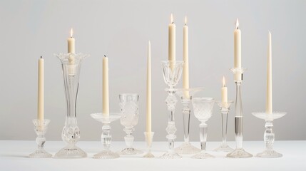 A set of vintage-style glass candleholders in varying heights, each holding a taper candle, displayed against a pure white background. 