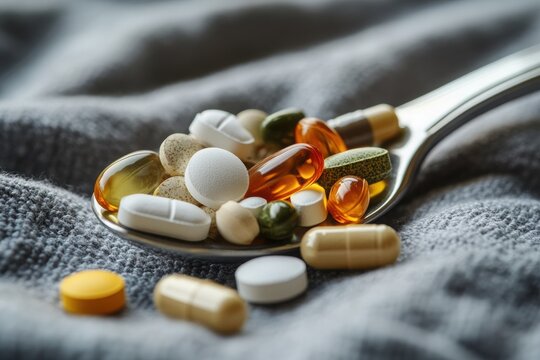 Close up of a tablespoon filled with various dietary supplements for health concept