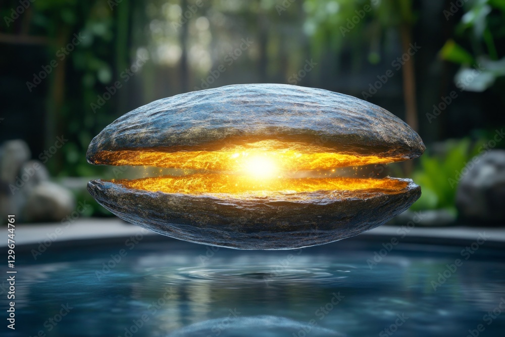 Poster a giant floating walnut cracking open to reveal golden light inside