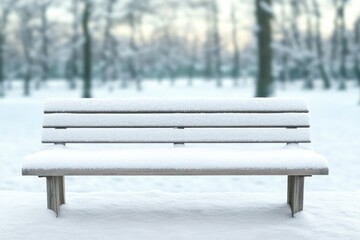 Snow-covered bench in serene winter park, surrounded by tall tre