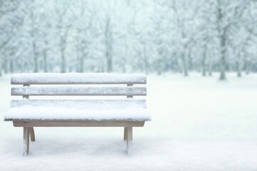Snow-covered bench in tranquil winter landscape evokes serene so