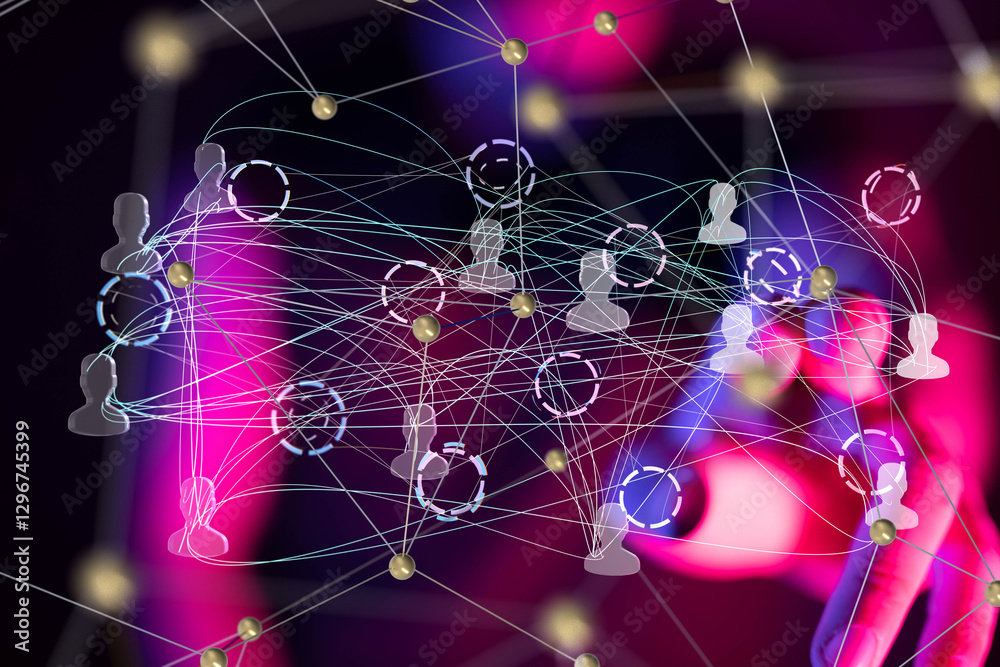 Poster Global network. Blockchain. 3D illustration. Neural networks and artificial intelligence. Abstract
