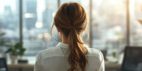 Woman in a white shirt gazes out of an office window at a city skyline during sunset