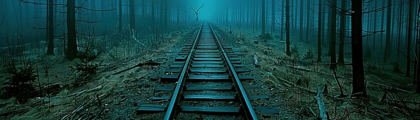 Fototapeta premium A mysterious railway track stretches through a dense, foggy forest, evoking a sense of solitude and intrigue.