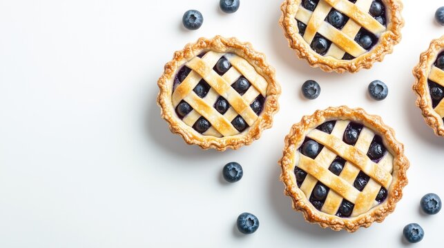 Blueberries and sweet tart pies for summer or festive holiday feast, isolated on white background in flat lay or top view composition with copy space. Pi Day concept.
